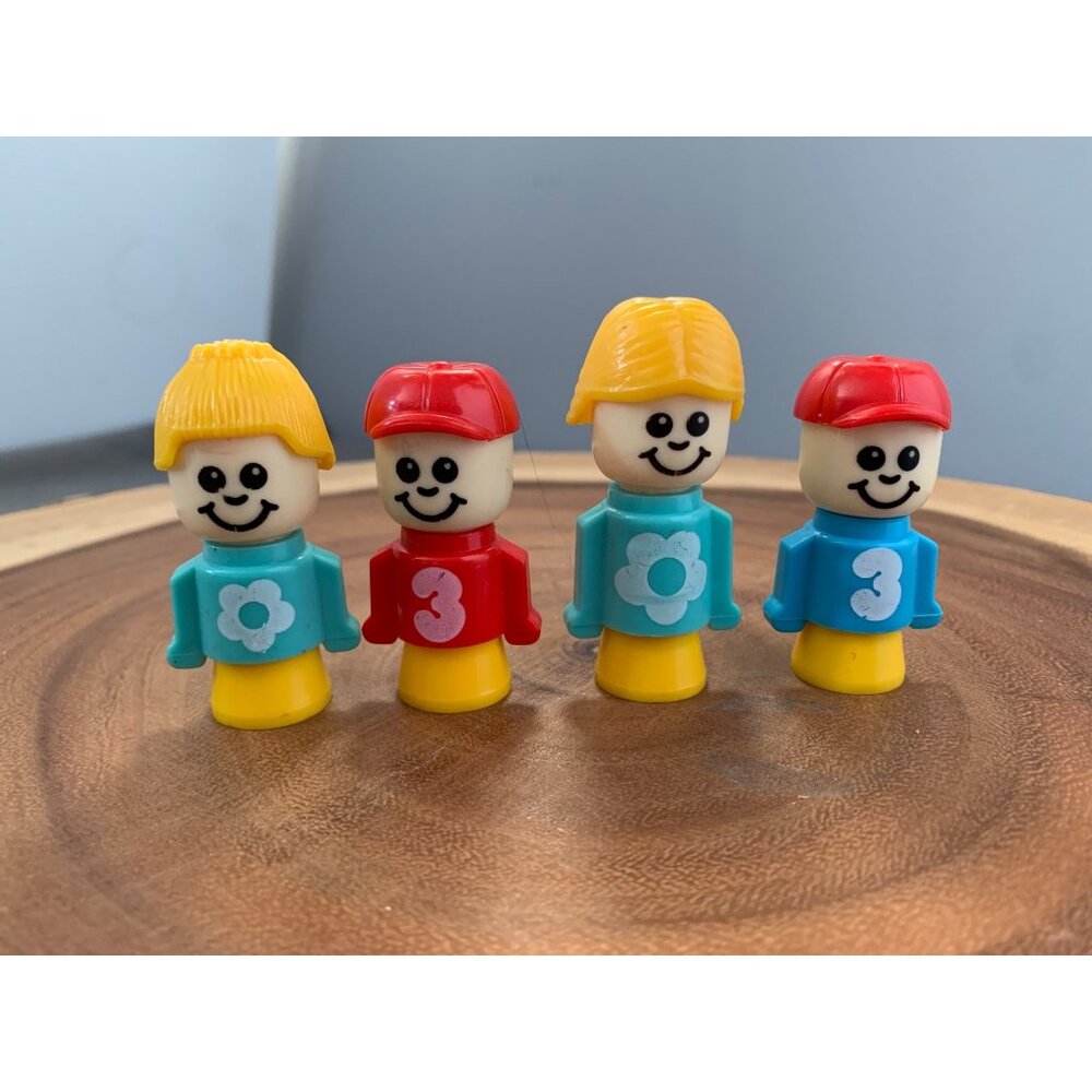 Vintage 1970s Matchbox Little People Figures Set of 4 with Number & Flower Desig